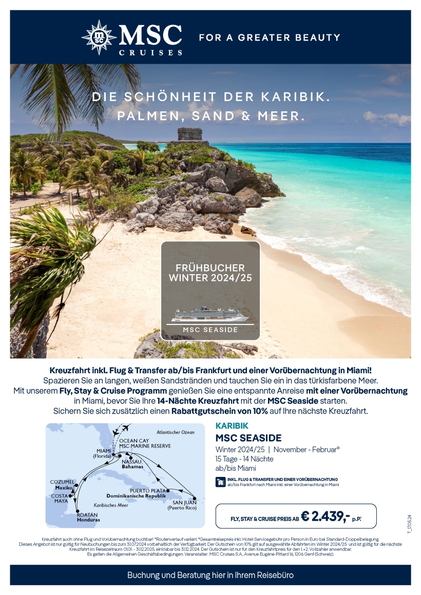 MSC Seaside Karibik inkl. Flug und Vorübernachtung in Miami