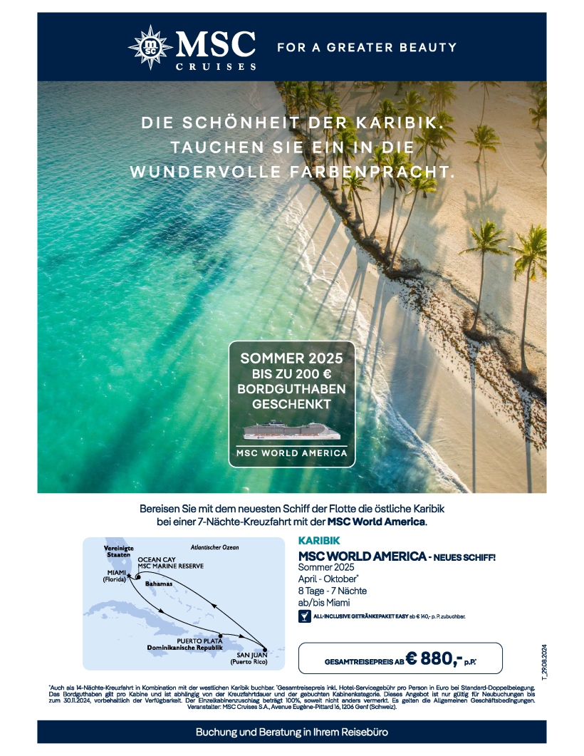 MSC World America Karibik ohne Flug 7 Nächte